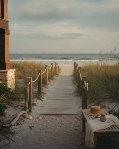 Wooden boardwalk leading to beach with dune grass, rope railings, and ocean view from beachfront house