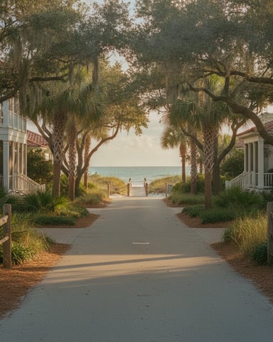 Tree-lined coastal pathway between two houses with ocean and beach boardwalk visible ahead