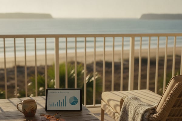 Wooden deck with tablet, coffee mug, and glasses overlooking sandy beach and ocean with metal railing