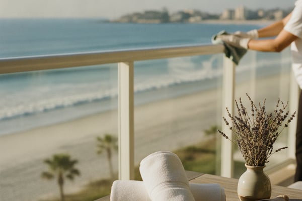Beachfront balcony with rolled towels, dried flowers in vase, and ocean view with coastal buildings