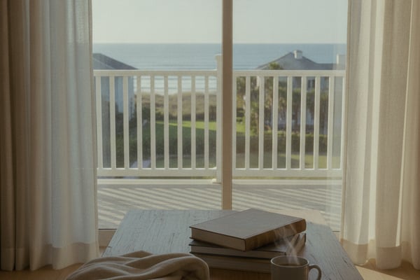 Wooden table with books, mug, and blanket facing glass doors overlooking ocean and coastal homes