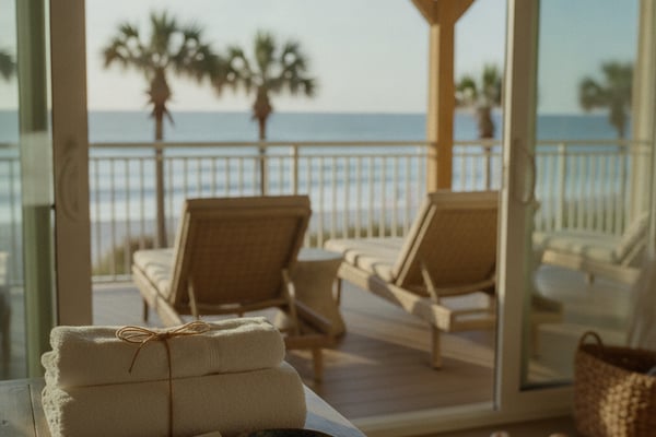 Beachfront balcony with lounge chairs, palm trees, and ocean view through open glass doors