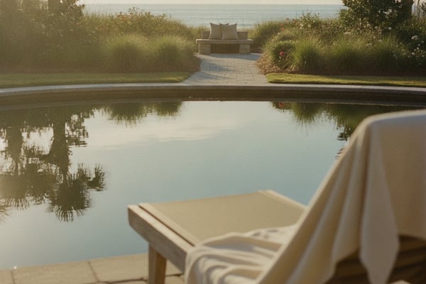 Lounge chair on patio overlooking pond, palm trees, and ocean beyond with pergola and seating area