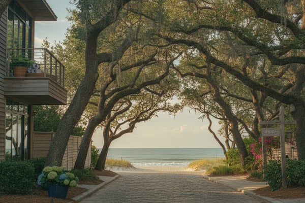 Brick pathway framed by large oak trees leading to beach view, with modern house and flowering shrubs on sides