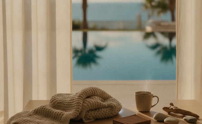 Windowsill with cream sweater, mug, book, and stones overlooking pool and palm trees