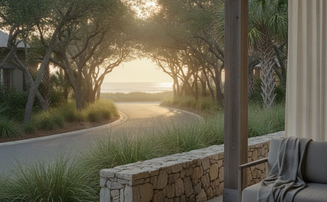 Covered porch with stone wall overlooking tree-lined driveway and water view at sunset