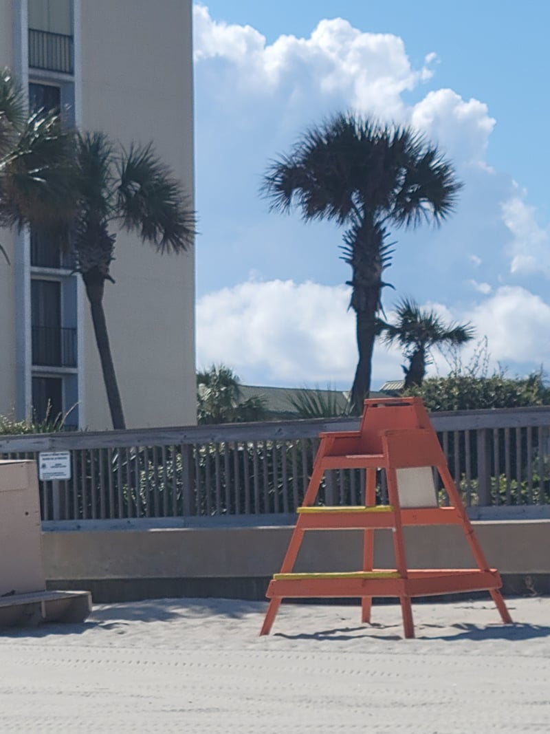 Red lifeguard stand on sandy beach with palm trees and modern building behind