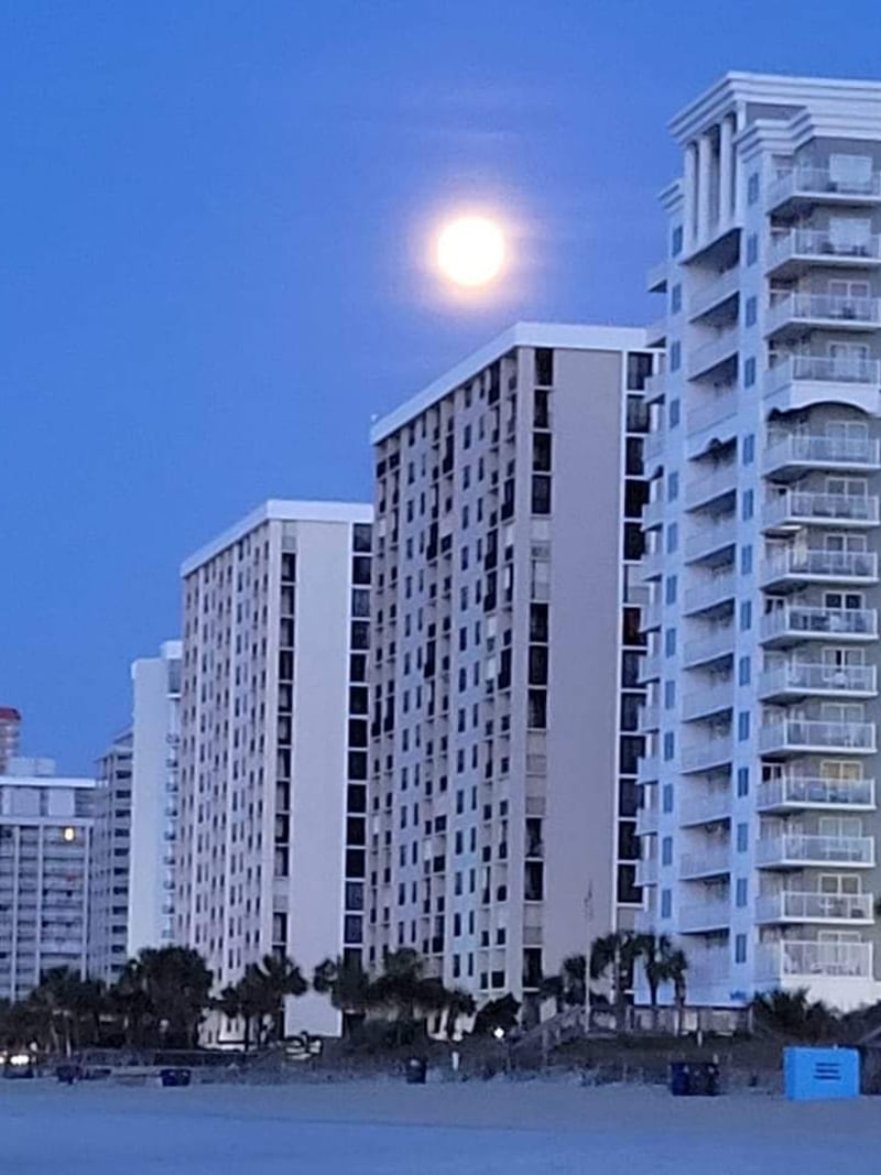 Multi-story beachfront apartment buildings at dusk with full moon rising above, palm trees at base, sandy beach in foreground