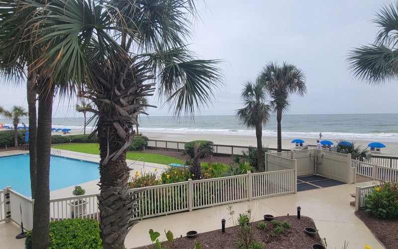 Beachfront resort with swimming pool, palm trees, manicured lawn, and ocean view with blue umbrellas on sand