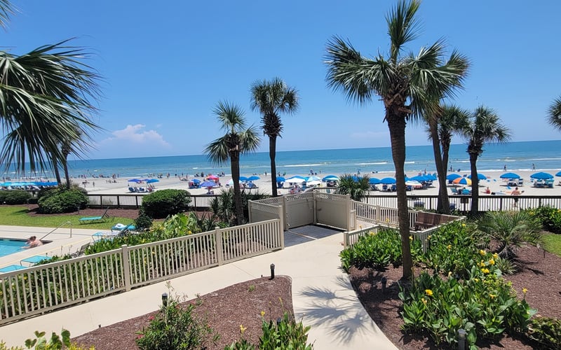 Beachfront property with pool, palm trees, and direct view of sandy beach with umbrellas and ocean