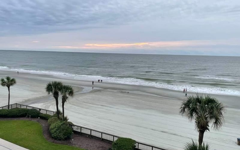 Beachfront view with sandy shore, gentle waves, palm trees, manicured lawn, and white railing fence