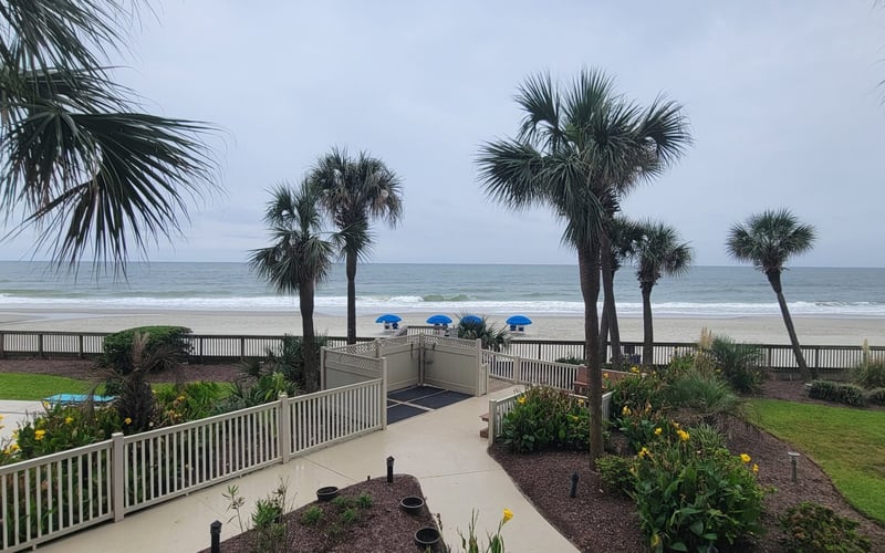 Beachfront property with white railings, palm trees, manicured lawn, and ocean view with blue umbrellas on sand.