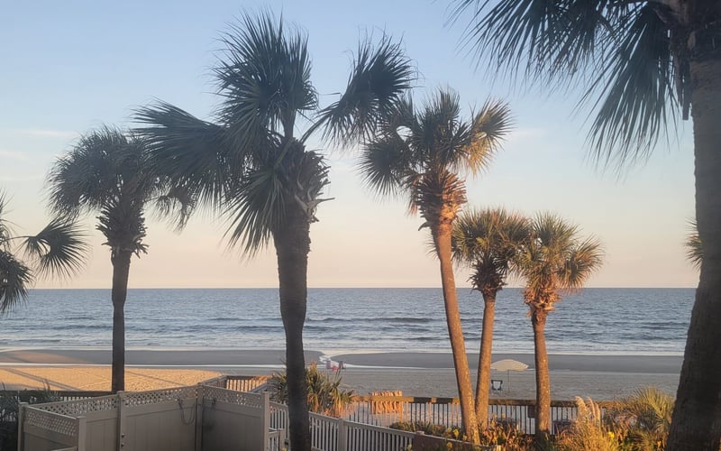 Beachfront view with palmetto palms, wooden deck railings, sandy beach, and ocean at sunset